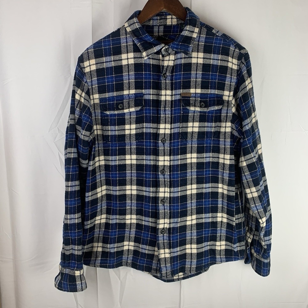 Orvis Mens Small Flannel Shacket Heavy Shirt Jacket Blue White Plaid Pockets